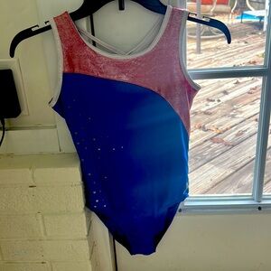 Blue,red, and white leotard. Brand:future star. size:kids 8